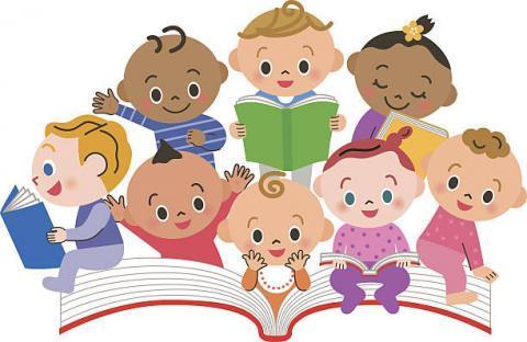 This clip art is of babies/toddlers on top of a giant open book.