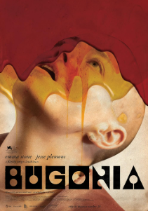 This picture is the theatrical poster for the movie Bugonia, which features the main character's facing looking up into what appears to be a wave of blood.