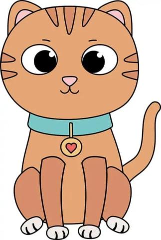 A photo of a brown paper cat craft. Cat is posed sitting down on all four legs with a blue collar and a red heart shaped tag. 