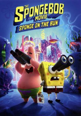 A colorful movie poster for The SpongeBob Movie: Sponge on the Run shows SpongeBob SquarePants and Patrick Star standing underwater in front of a glowing futuristic city. Both characters wear oversized goggles and look surprised while holding large binocular-like devices pointed forward. SpongeBob holds a small bag with a snail picture on it, representing Gary. Coral, jellyfish, and underwater plants surround them. At the top, bright yellow text reads “The SpongeBob Movie: Sponge on the Run.”