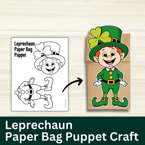 The image depicts a photo of the leprechaun craft printed as a black and white craft before it was covered and to the right is the craft completed. Colored leprechaun on a paper bag against a wood grain background. 