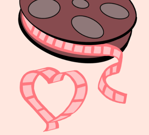This image is clip art of a pink spool of pink film. The film that's hanging loose from the spool is in the shape of a heart.