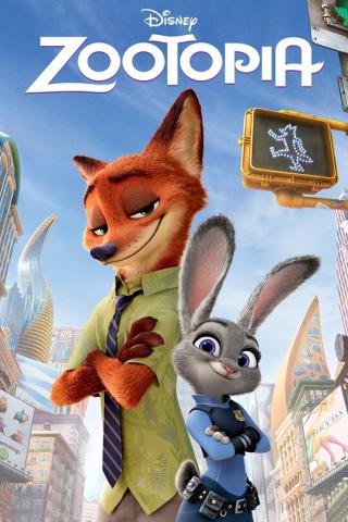 Poster writing "Disney: Zootopia" Fox in green shirt and tie and bunny in police uniform against daytime city background.