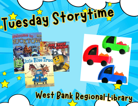 a poster depicting three books about trucks in various colors followed by a paper plate craft of red and blue trucks