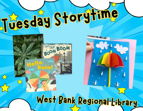 a poster depicting three books about rain and umbrellas followed by a craft of a paper rainbow umbrella on a blue background