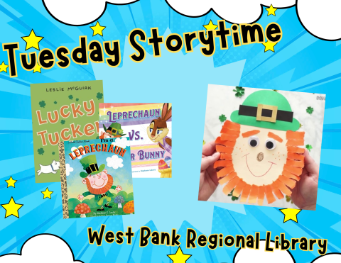 a poster depicting three books about green and orange leprechauns and rabbits followed by a paper leprechan craft