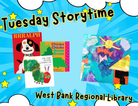 a poster depicting three books that use various mediums like colorful paper and newspaper scraps to make artwork followed by a scrap paper craft that allows children to make their own scrap art