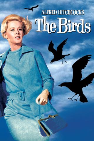 Promotional artwork for Alfred Hitchcock’s The Birds. A blonde woman wearing a light blue dress and matching coat walks toward the left while holding a blue handbag. She looks slightly upward with a concerned expression. The background shows a cloudy blue sky with several black bird silhouettes flying around her. White text at the top reads “Alfred Hitchcock’s The Birds.”