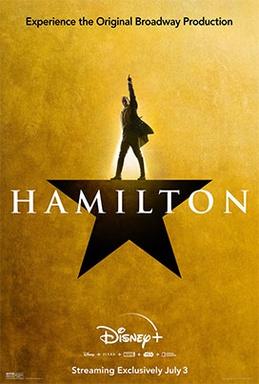 movie poster; gold background with black silhouette of someone standing on a star pointing toward the sky; text reads "HAMILTON"