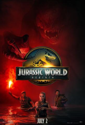 A dramatic movie poster for Jurassic World Rebirth features the franchise logo centered over a dark red background. Above it, a large dinosaur with glowing eyes and sharp teeth emerges from shadow, reaching forward with a clawed hand. Below the logo, three people stand waist-deep in water holding weapons and a flare, looking alert and cautious. The release date “July 2” appears at the bottom along with studio logos.