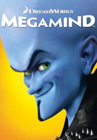 Blue alien humanoid face with black shirt collar and a goatee against a yellow background; text "Dreamworks Megamind"