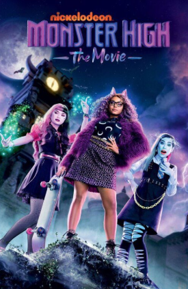 Three humanoid teenage monster girls against a cloudy black background. Text reads: "Nickelodeon; Monster High: the movie"