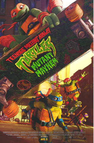 4 animated TMNT turtles 3 riding skateboard, 1 riding scooter. Text reads "Teenage Mutant Ninja Turtles Mutant Mayhem" 