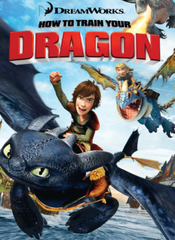 boy riding on black dragon with green eyes, girl on blue dragon, fire breathing dragon in farthest left corner, all flying above the ocean. Text "Dream Works" "How to Train Your Dragon"
