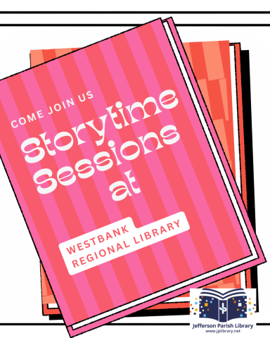 The image is an illustration of a book with the title "Storytime Sessions at Westbank Regional Library" on its cover.