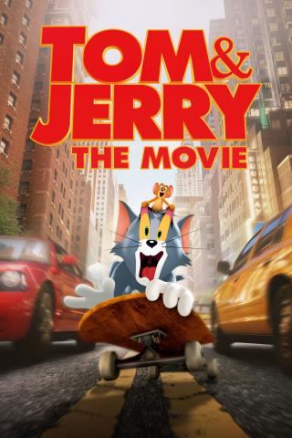 A colorful animated movie poster for Tom & Jerry: The Movie shows Tom the gray cat riding a skateboard down a busy city street while Jerry the mouse stands on Tom’s head. Cars blur past on both sides, and tall buildings rise in the background. Large red text at the top reads “Tom & Jerry The Movie.”