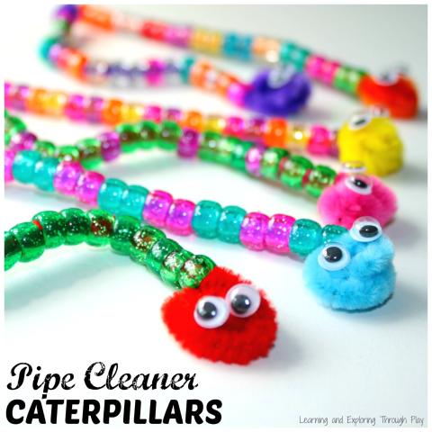 a craft showing a caterpillar made of pipe cleaners, googly eyes, and multicolored beads