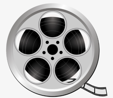 This image is black and white clip art of a spool of film