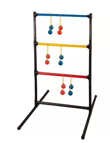 This image is of a colorful ladderball set, with balls hanging from each of the ladder's three rungs.