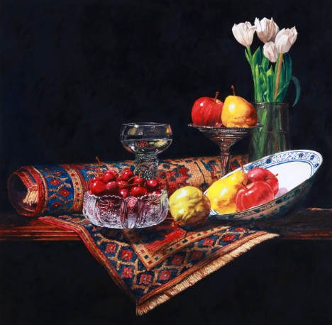 This image is an example of a still life painting. The painting is of flowers in a vase, fruits displayed in bowls, and a glass of water all arranged on a semi-rolled carpet.