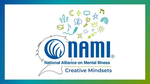 Outline of a human head with blue/white circle logo, a bunch of mental health related clip art in multiple colors. Text reads "NAMI" "National Alliance on Mental Illness" "Creative Mindsets"