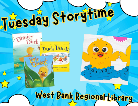 a photo of three books about little yellow ducks followed by a paper craft, also of a yellow duck with an orange bill