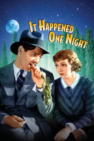 A classic romantic comedy poster for It Happened One Night shows a man and woman sitting together outdoors at night under a starry sky and full moon. The man, wearing a suit and hat, playfully eats a carrot, while the woman in a blue dress looks at him with curiosity. Trees fill the background, and large yellow text above them reads “It Happened One Night.”