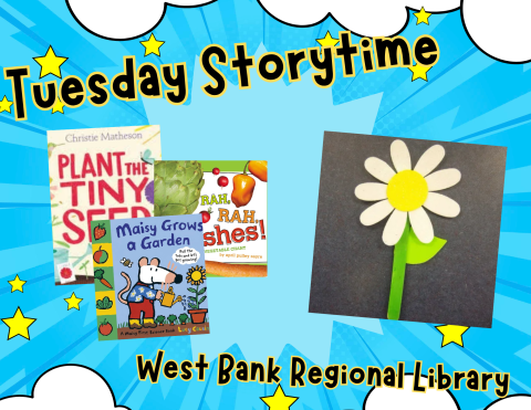 a photo of three books about growing vegetables and planting seeds, followed by a paper daisy flower craft