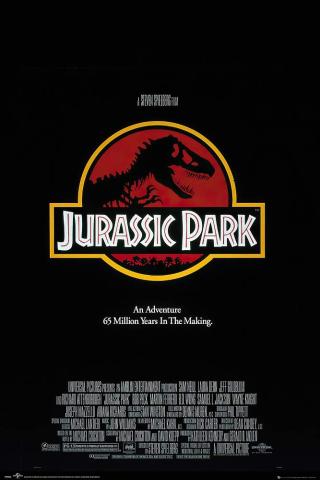 A classic movie poster for Jurassic Park features a black background with a circular red and yellow logo showing the skeleton silhouette of a dinosaur. Large white text across the center reads “Jurassic Park.” Above, small text reads “A Steven Spielberg Film.” Below the title, the tagline reads “An Adventure 65 Million Years in the Making,” followed by film credits at the bottom.