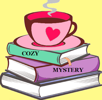 This photograph is clip art of a pink cartoon coffee cup that's sitting on top of three books. The first book is labeled "Cozy" and the second book is labeled "Mystery."