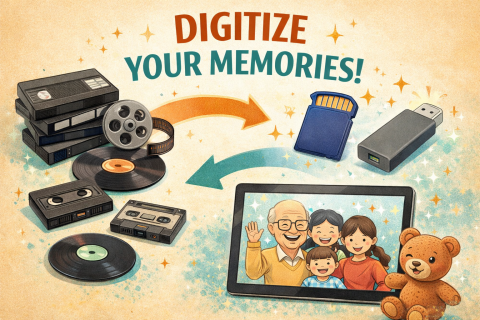 A colorful illustrated graphic promoting digitizing memories. On the left side, older media formats—including VHS tapes, a film reel, vinyl records, and cassette tapes—are grouped together. Arrows point toward the right side, where modern storage devices such as a USB flash drive and an SD card are shown. At the bottom, a tablet displays a smiling family photo, symbolizing preserved memories. Decorative sparkles surround the objects, and the words “Digitize Your Memories!” appear prominently at the top.