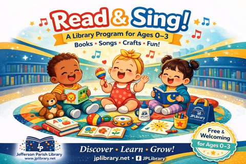 A bright, colorful illustration shows three happy toddlers sitting on a rug inside a library. One child sings into a microphone while the others hold picture books. Musical notes float around them, and toys, books, and craft supplies are spread across the floor, including a teddy bear, crayons, and a tambourine. Large playful text at the top reads “Read & Sing! A Library Program for Ages 0–3” with “Books • Songs • Crafts • Fun!” underneath. At the bottom, the Jefferson Parish Library logo appears alongside 