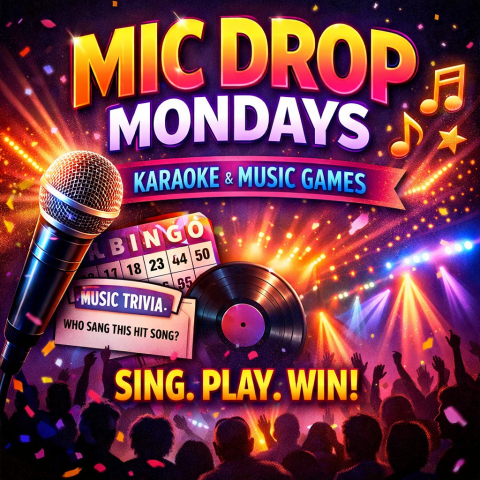 A vibrant promotional graphic for “Mic Drop Mondays: Karaoke & Music Games.” The design features bold, colorful text at the top with a large microphone in the foreground. Surrounding elements include musical notes, a vinyl record, a bingo card, and a music trivia card. Bright stage lights and confetti fill the background, with silhouettes of a cheering crowd along the bottom. The phrase “Sing. Play. Win!” appears prominently, emphasizing a lively, interactive music event.