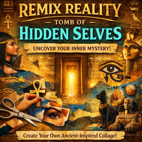 A promotional graphic for “Remix Reality: Tomb of Hidden Selves.” The image features an ancient Egyptian-inspired scene with a glowing doorway at the center, surrounded by pyramids, hieroglyph-style symbols, and statues. In the foreground, hands cut magazine images with scissors and arrange collage pieces, including eyes and layered paper textures. The color palette is gold and turquoise, creating a mysterious, creative atmosphere. Text on the image invites teens to create their own ancient-inspired collage