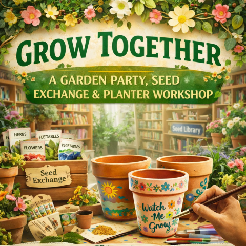 A promotional graphic for “Grow Together: A Garden Party, Seed Exchange & Planter Workshop.” The scene shows an indoor library space with bookshelves in the background, decorated with flowers and greenery to resemble a garden. In the foreground, painted terracotta pots sit on a table alongside seed packets labeled herbs, vegetables, and flowers, as well as small gardening supplies. A hand is shown painting a pot with colorful designs and the words “Watch Me Grow.” The image uses bright greens and floral acc