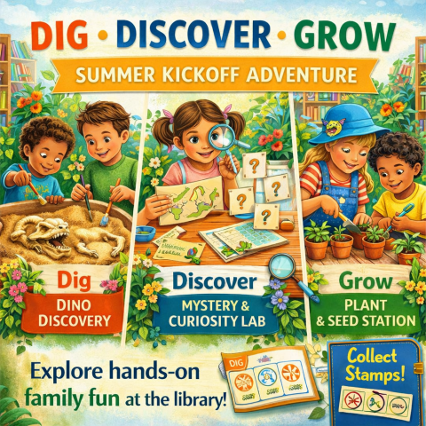 A colorful promotional illustration for “Dig, Discover, Grow: Summer Kickoff Adventure.” The image is divided into three sections showing children participating in activities. On the left, kids dig in sand to uncover dinosaur fossils. In the center, a child uses a magnifying glass while exploring maps and mystery clues. On the right, children plant seeds in small pots at a gardening station. Bright flowers, greenery, and library elements appear throughout, creating a lively, hands-on learning atmosphere.