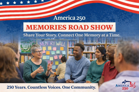 A promotional graphic for “America 250: Memories Road Show.” A diverse group of adults sits in a circle inside a library, engaged in conversation. One older woman gestures as she speaks while others listen attentively. Behind them, a display labeled “Memory Wall” is covered with colorful notes. The design features red, white, and blue elements with stars and stripes at the top. The text reads: “America 250: Memories Road Show – Share Your Story. Connect One Memory at a Time.” A tagline at the bottom states: