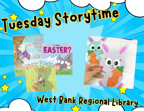 a photo of three books with various easter flowers and rabbits followed by a craft making a grey paper rabbit with an orange carrot