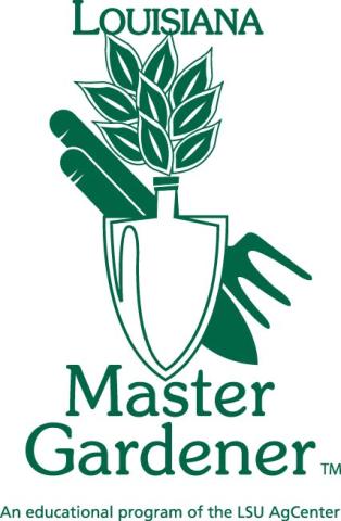 The Louisiana Master Gardener logo features a green illustration of a hand holding garden tools, including a trowel and fork, with a plant growing from the center. The words “Louisiana Master Gardener” appear above and below the image, with smaller text reading “An educational program of the LSU AgCenter.”