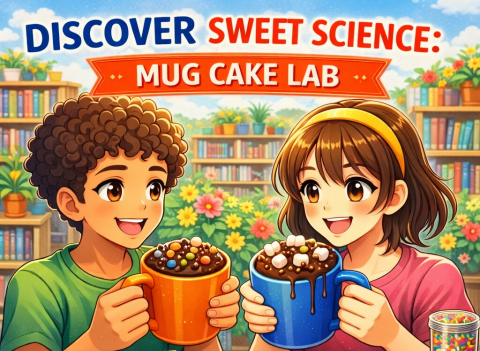 An anime-style promotional image for “Discover Sweet Science: Mug Cake Lab.” Two smiling teens stand in a colorful library setting with bookshelves and flowers in the background. Each holds a mug filled with a chocolate mug cake topped with marshmallows and candy. Bright, playful colors and bold text create a fun, inviting atmosphere focused on creativity and baking.
