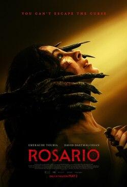 A dark horror movie poster for Rosario shows a woman tilting her head upward as shadowy, clawed hands grasp her face and neck from behind. A warm beam of light shines across her face, contrasting with the surrounding darkness. Text at the top reads “You can’t escape the curse,” and the title “Rosario” appears in bold red letters near the bottom, along with the release information “Only in theaters May 2.”