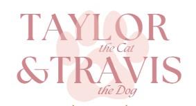 "Taylor the Cat & Travis the Dog," over the image of a paw print, in pink.