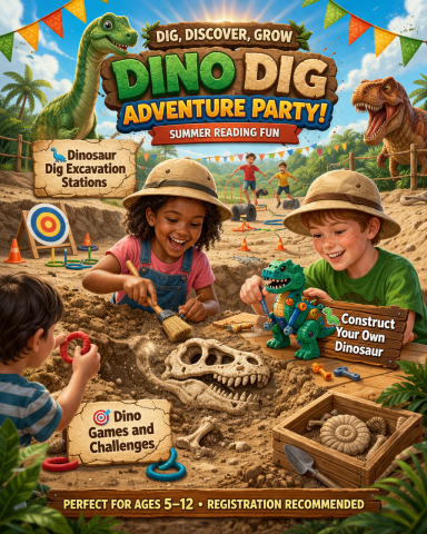 Colorful promotional poster for a children’s library program titled “Dino Dig Adventure Party: Dig, Discover, Grow – Summer Reading Fun.” The image shows children outdoors at a dinosaur-themed dig site. One child carefully brushes dirt off a large fossil skeleton, while two others sit at a table assembling and decorating toy dinosaurs. Nearby, another child plays a ring toss game set up with cones and dinosaur-themed targets. Friendly cartoon dinosaurs, including a large green T-rex and a flying pterodactyl