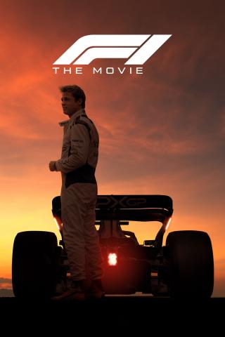 A cinematic movie poster for F1: The Movie shows a race car driver in a white racing suit standing beside a Formula 1 car at sunset. The driver faces slightly to the side, silhouetted against an orange and pink sky. The car is positioned behind him with its rear light glowing. At the top, large text reads “F1 The Movie.”