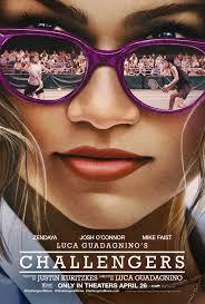 A stylized movie poster for Challengers features a close-up of a woman’s face wearing purple-tinted sunglasses. Reflected in each lens are scenes of tennis players on a court, suggesting competition and rivalry. The title “Challengers” appears near the bottom along with cast names and film credits.