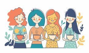 A simple illustrated graphic shows four smiling women standing side by side, each holding a bowl. The women have different hairstyles and clothing styles, including curly red hair, short teal hair, a blonde bob, and long dark hair. Small decorative plants appear around them, and the overall style is colorful and friendly.