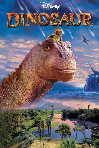 A colorful movie poster for Disney’s Dinosaur shows a large, gentle-looking dinosaur in the foreground with a small lemur sitting on its head. The background features a prehistoric landscape with water, palm trees, and several dinosaurs walking and grazing. In the sky, meteors streak downward while flying reptiles glide nearby. The title “Disney Dinosaur” appears in large stylized letters at the top.