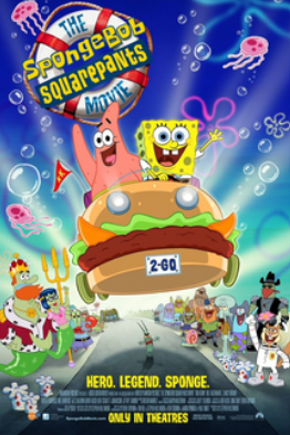 This is a picture of the SpongeBob SquarePants movie poster, which feature the cartoon characters SpongeBob and Patrick driving a car shaped like a hamburger.