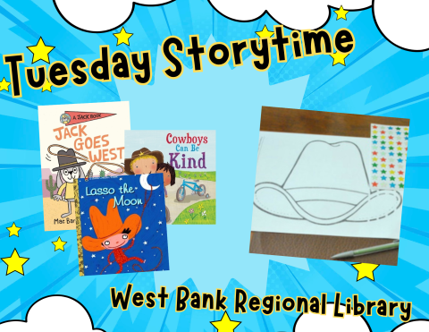 a photo of three books about various cowboy activities followed by a craft of making a paper cowboy hat