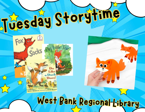 a photo of three books about orange foxes followed by a craft of a handprint fox with googly eyes
